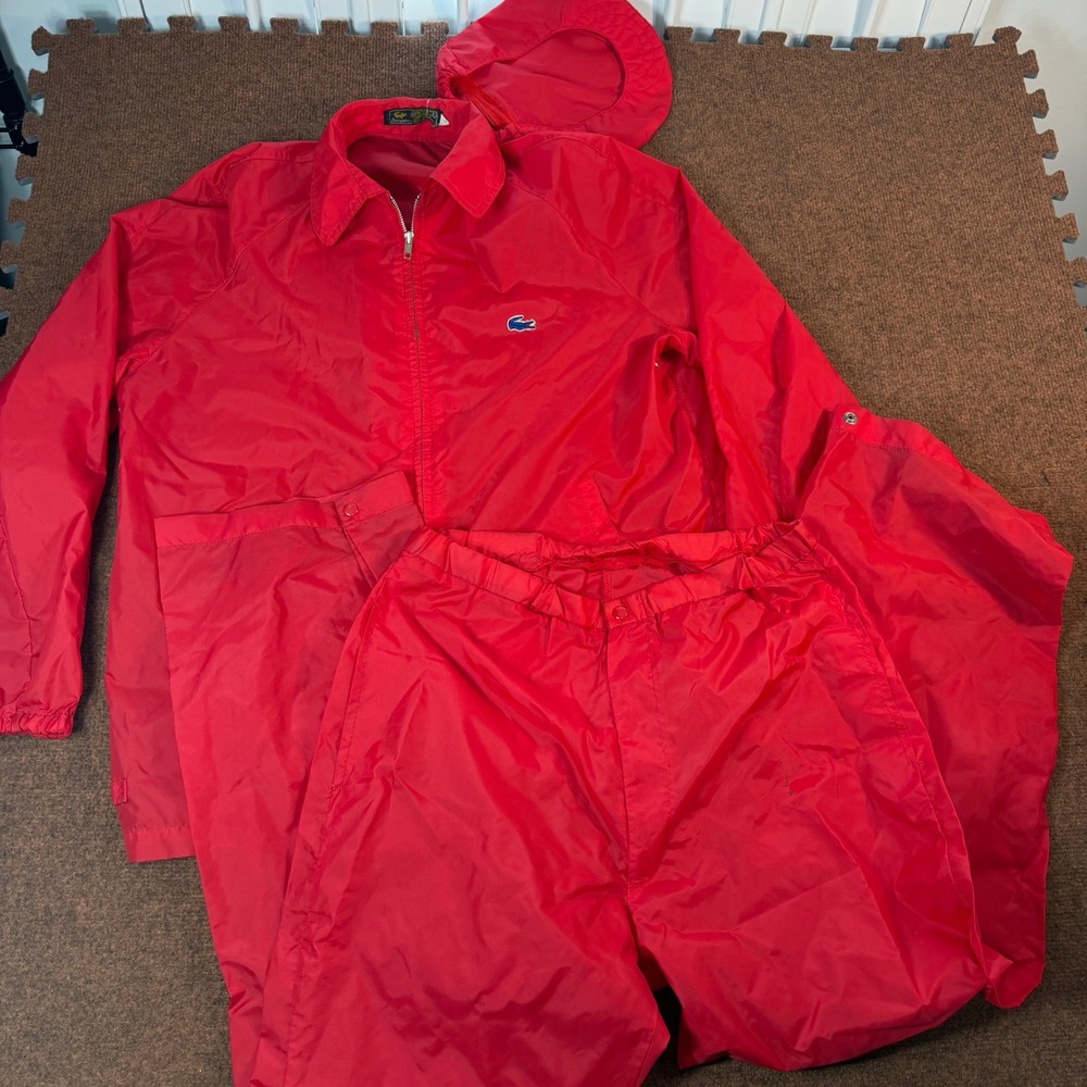 Vintage Alligator Lacoste Rain Suit Mens Large Red Nylon Jacket Pants Set 2pc L